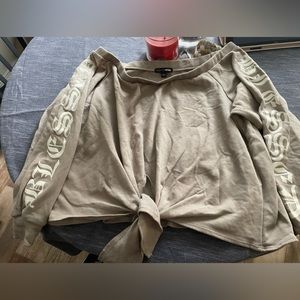 brown off the shoulder long sleeve shirt